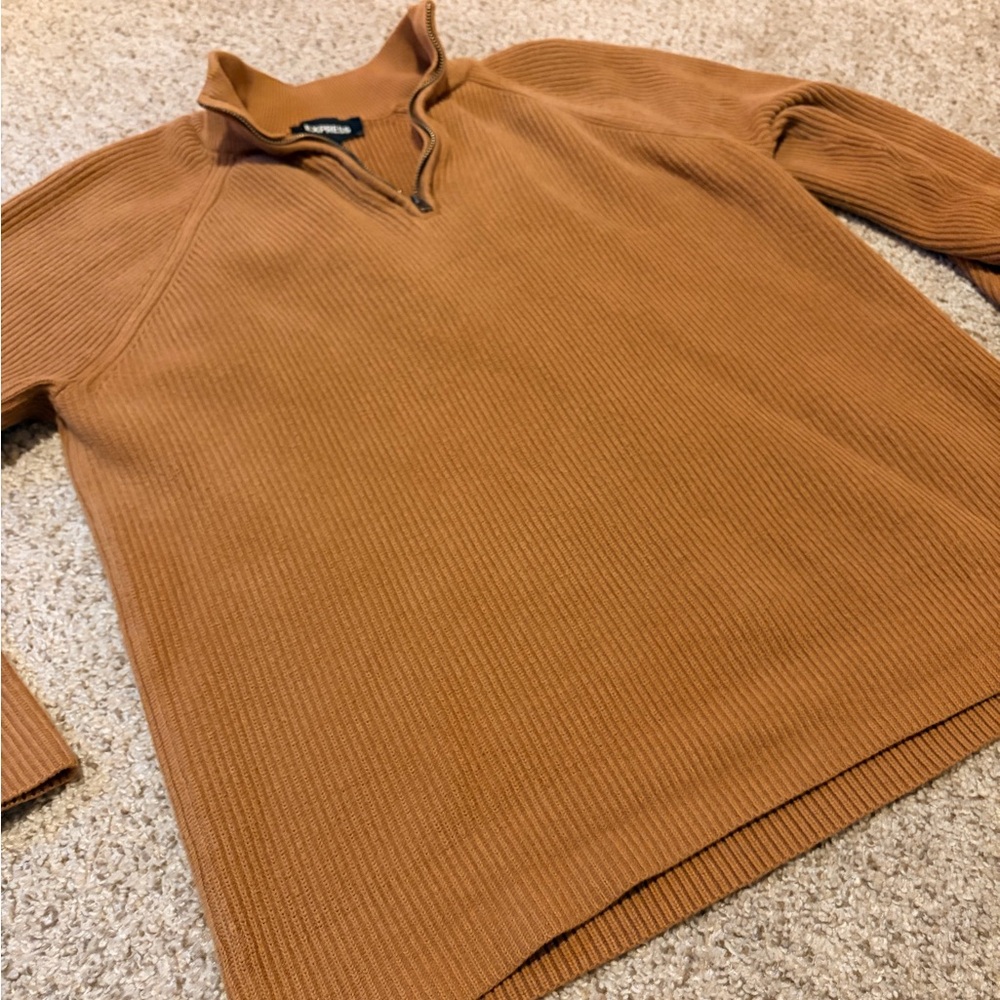 Express Mock Neck Quarter Zip Soft Knit Ribbed Pullover Sweater in Camel - Picture 2 of 5